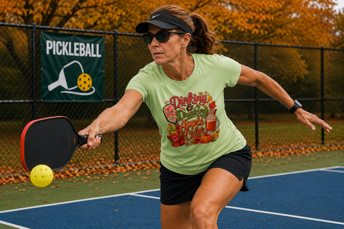 "Woman focused and lunging to return a dink wearing a mint green 'Dinking & Drinking Apple Cider' graphic tee, black visor, and sunglasses on an outdoor pickleball court with a pickleball banner and autumn foliage in the background"