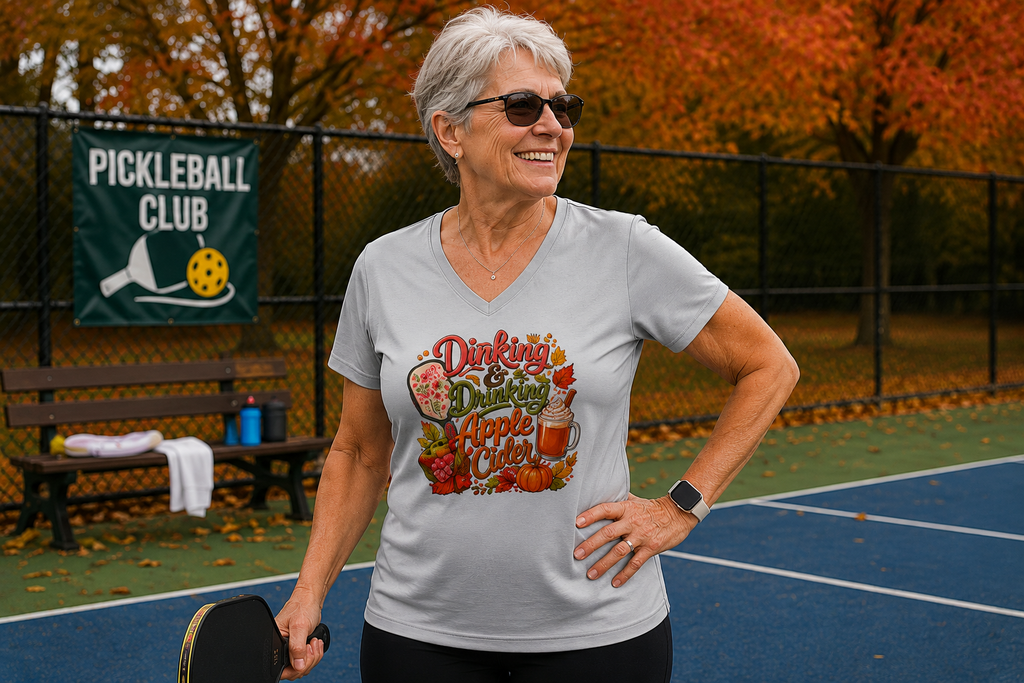 "Older woman smiling and wearing a silver 'Dinking & Drinking Apple Cider' graphic v-neck moisture-wicking tee and sunglasses while holding a paddle courtside with a Pickleball Club banner, bench, and vibrant autumn foliage in the background"