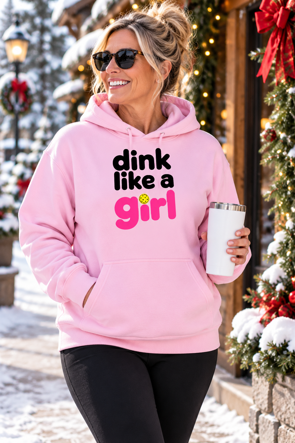 Woman wearing a pink “Dink Like a Girl” pickleball hoodie and sunglasses, holding a white tumbler on a snowy, holiday-decorated street.