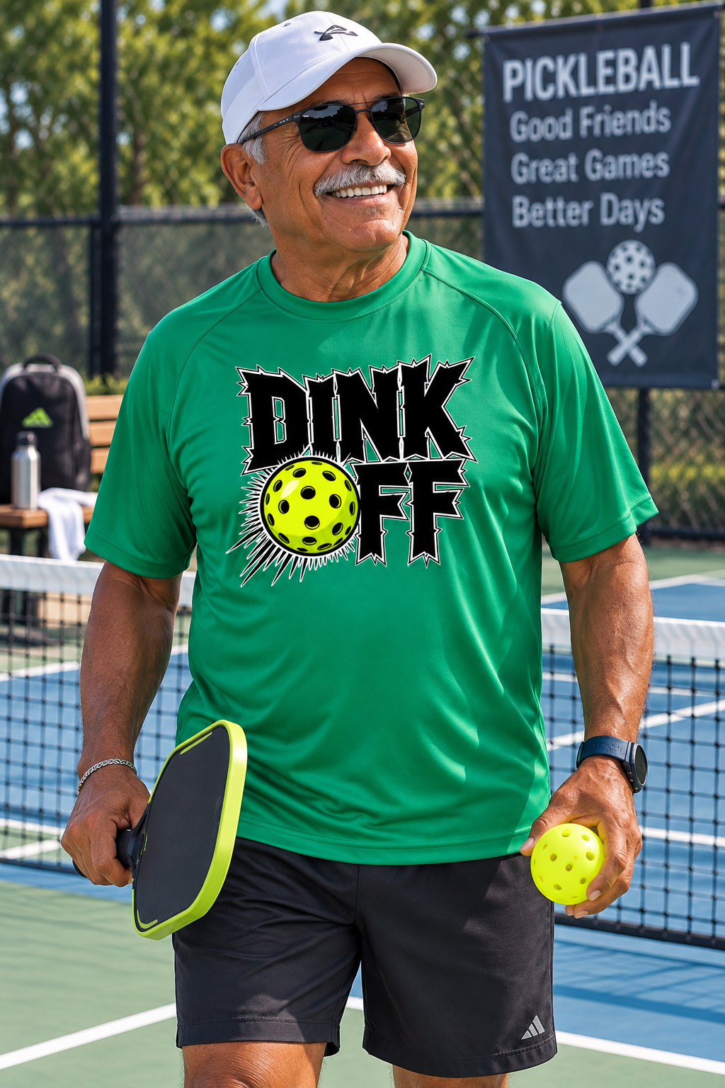 A smiling older man on a pickleball court wearing a sport green t-shirt with a 'DINK OFF' graphic, black shorts, and a white cap, holding a paddle and a yellow pickleball.