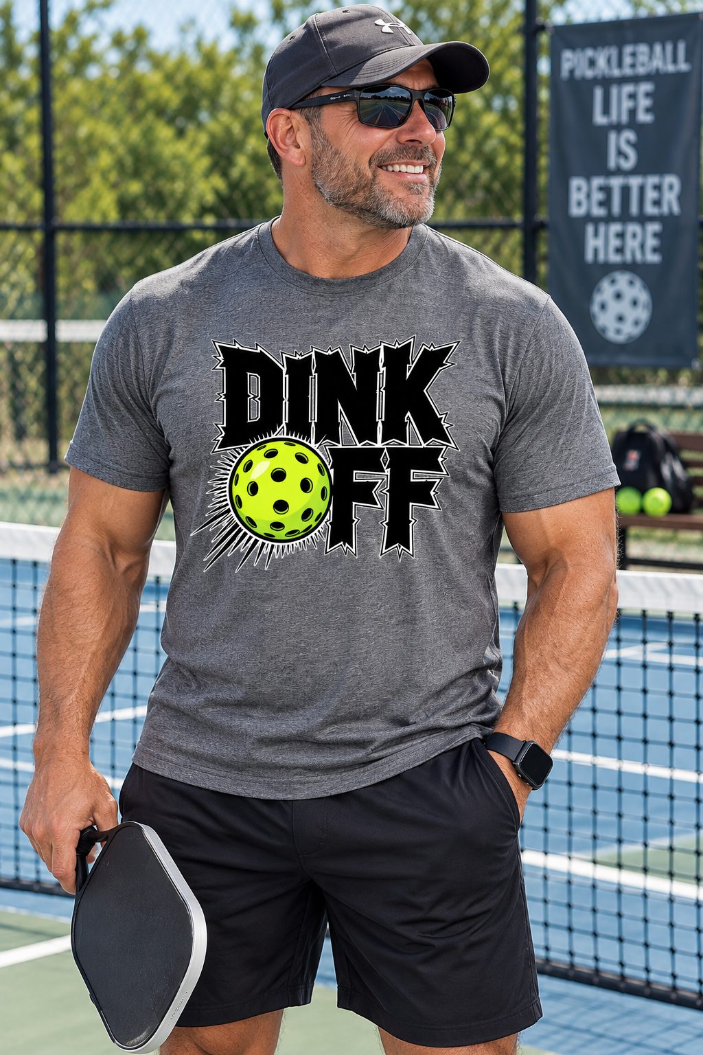 A man on a pickleball court wearing a heather gray t-shirt with a 'DINK OFF' graphic featuring a yellow pickleball, black shorts, and a dark cap.