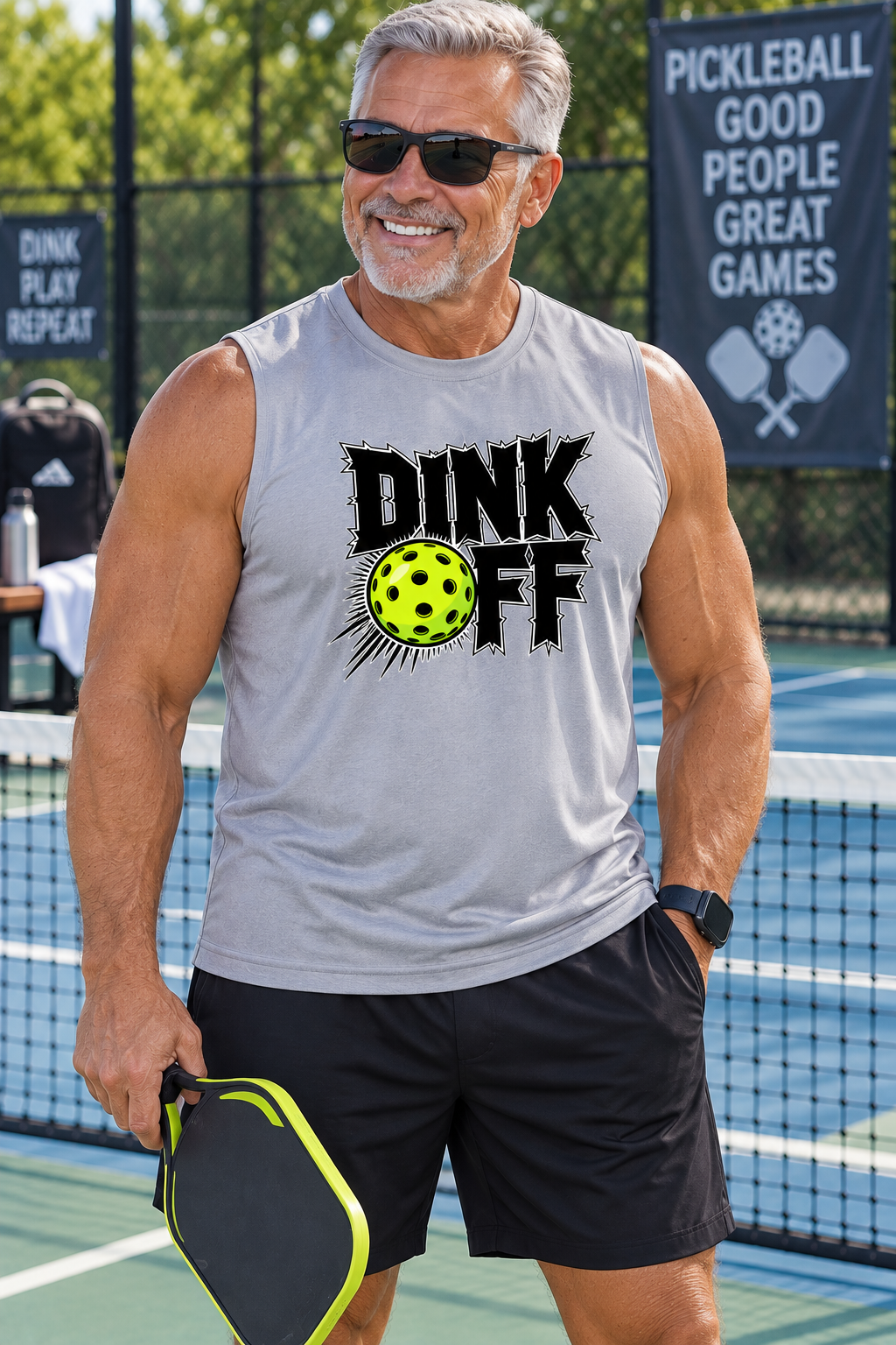 A smiling older man wearing a light gray sleeveless sport silver moisture wicking graphic shirt and black shorts stands on a pickleball court holding a paddle. The shirt has a large black 'DINK OFF' graphic with a yellow pickleball in the center.