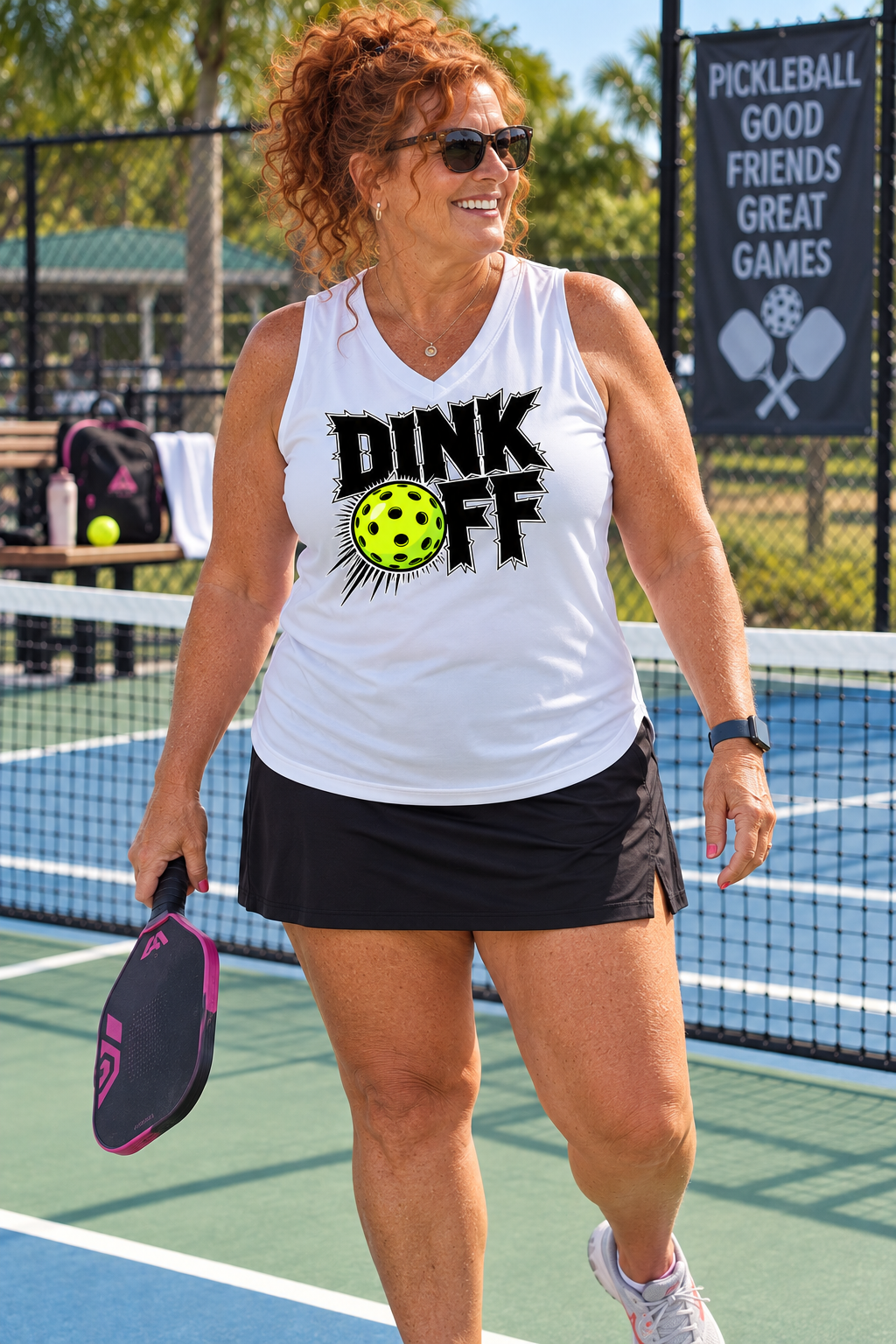 Woman wearing a white sleeveless “Dink Off” pickleball shirt with a neon yellow pickleball graphic, holding a paddle on an outdoor pickleball court.