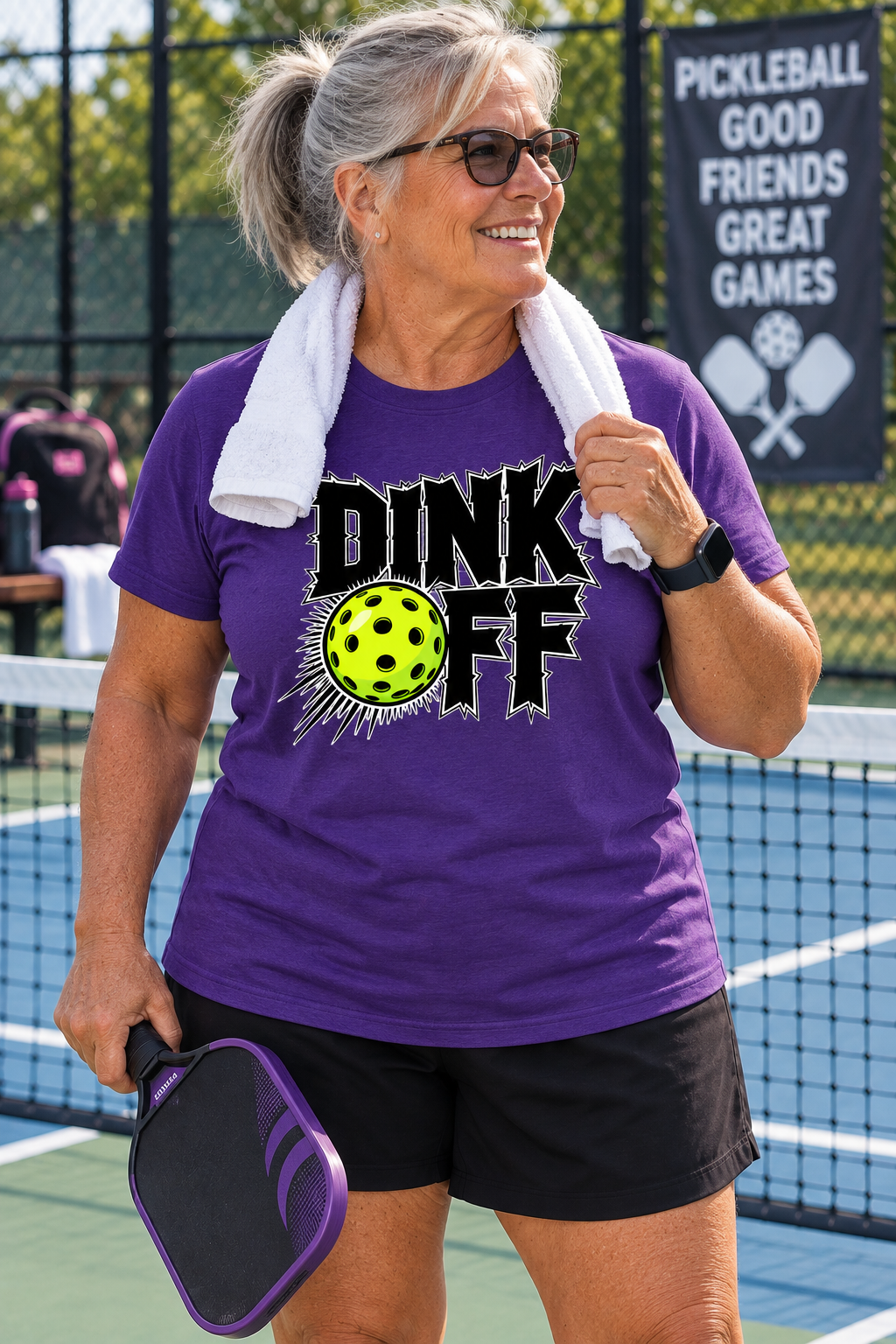 A smiling older woman on a pickleball court wearing a purple graphic T-shirt that reads 'DINK OFF' with a yellow pickleball design, black shorts, a white towel over her shoulders, and holding a pickleball paddle.