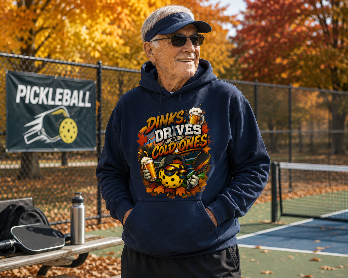 "Older man smiling and wearing a navy 'Dinks, Drives and Cold Ones' graphic hoodie, visor, and sunglasses while standing courtside at an outdoor pickleball court with fall foliage in the background"
