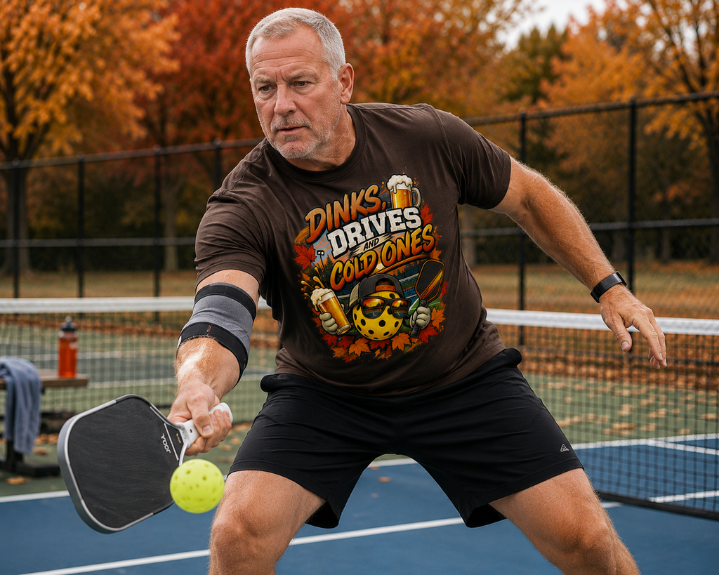 "Man wearing a brown 'Dinks, Drives and Cold Ones' graphic tee while lunging to dink at the kitchen line on an outdoor pickleball court with vibrant autumn foliage in the background"
