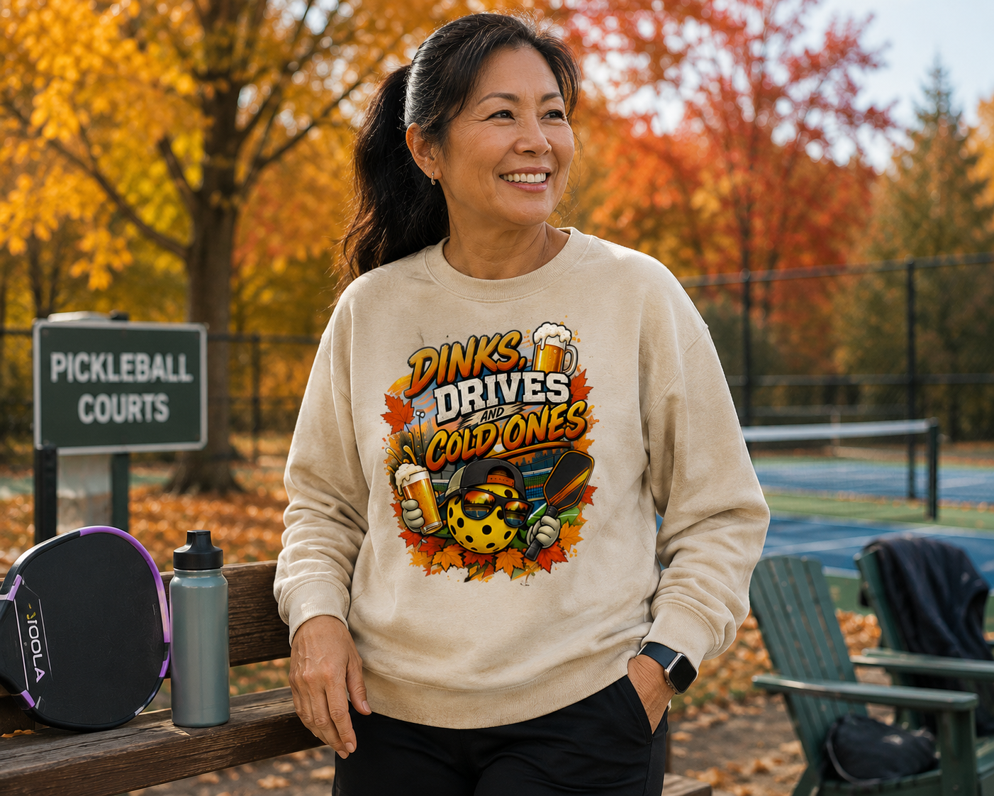 "Woman smiling and wearing a cream 'Dinks, Drives and Cold Ones' graphic sweatshirt while leaning against a bench near a pickleball court sign, surrounded by vibrant autumn foliage"