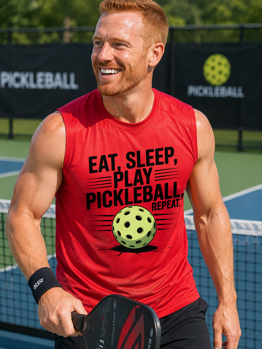 Man smiling on a pickleball court holding a paddle, wearing the Eat, Sleep, Play Pickleball, Repeat graphic muscle tank in Sport Red