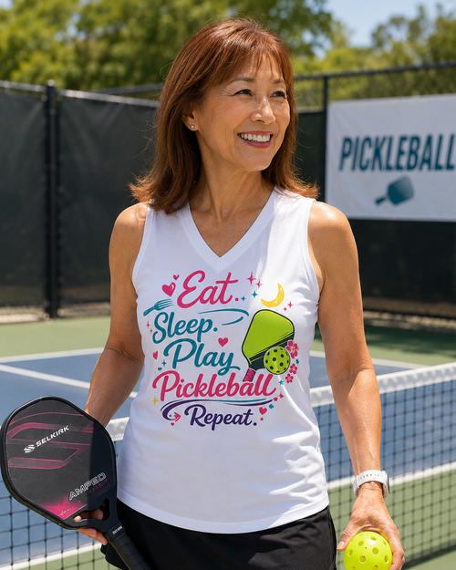 Woman smiling on a pickleball court holding a Selkirk paddle and ball, wearing a white v-neck moisture wicking sleeveless shirt with "Eat Sleep Play Pickleball Repeat" graphic