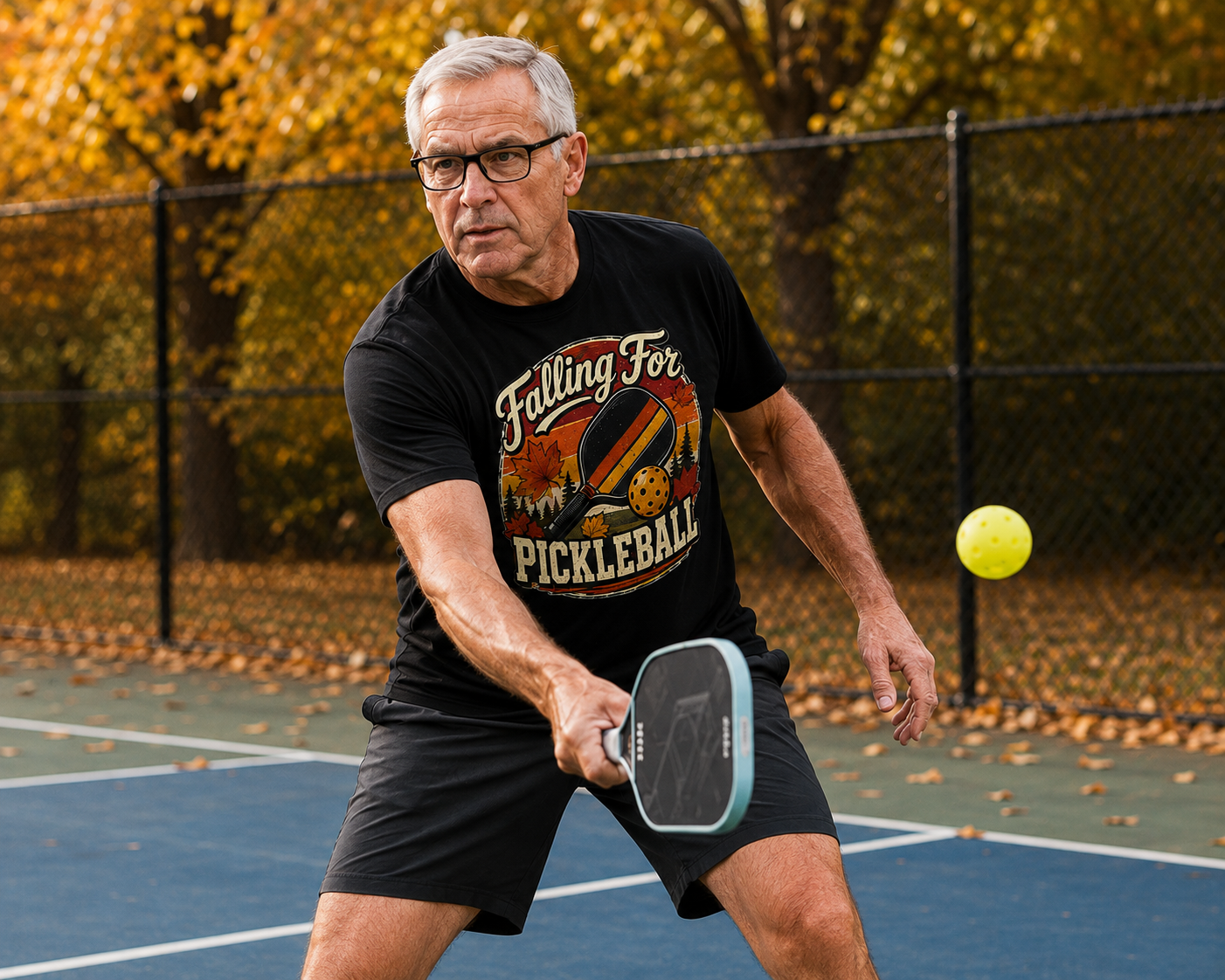 "Man wearing a black 'Falling For Pickleball' graphic tee while playing pickleball on an outdoor court in autumn"