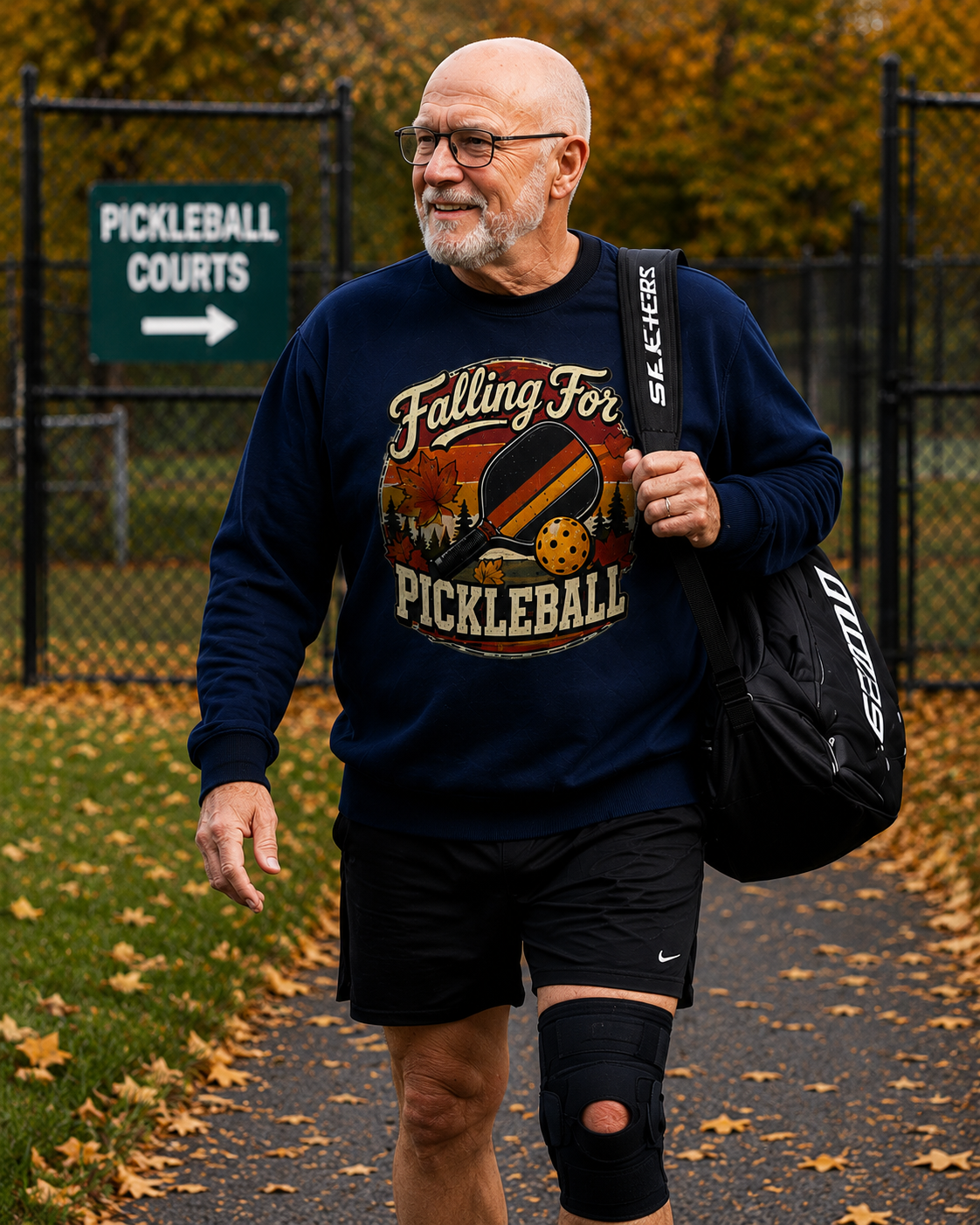 An older man walking on a path outdoors wearing a navy blue sweatshirt with a large 'Falling For Pickleball' graphic, black shorts, and carrying a black pickleball bag over his shoulder.