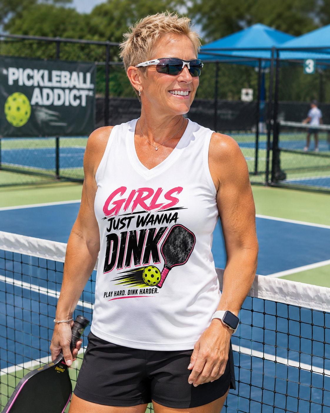 "Woman wearing white Girls Just Wanna Dink sleeveless athletic V-neck shirt on a pickleball court, holding a paddle and smiling"