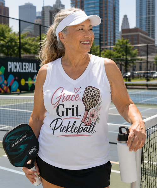 Woman smiling on a pickleball court holding a Selkirk paddle and water bottle, wearing a white sleeveless v-neck shirt with "Grace. Grit. Pickleball." graphic featuring a leopard-print paddle and floral accents