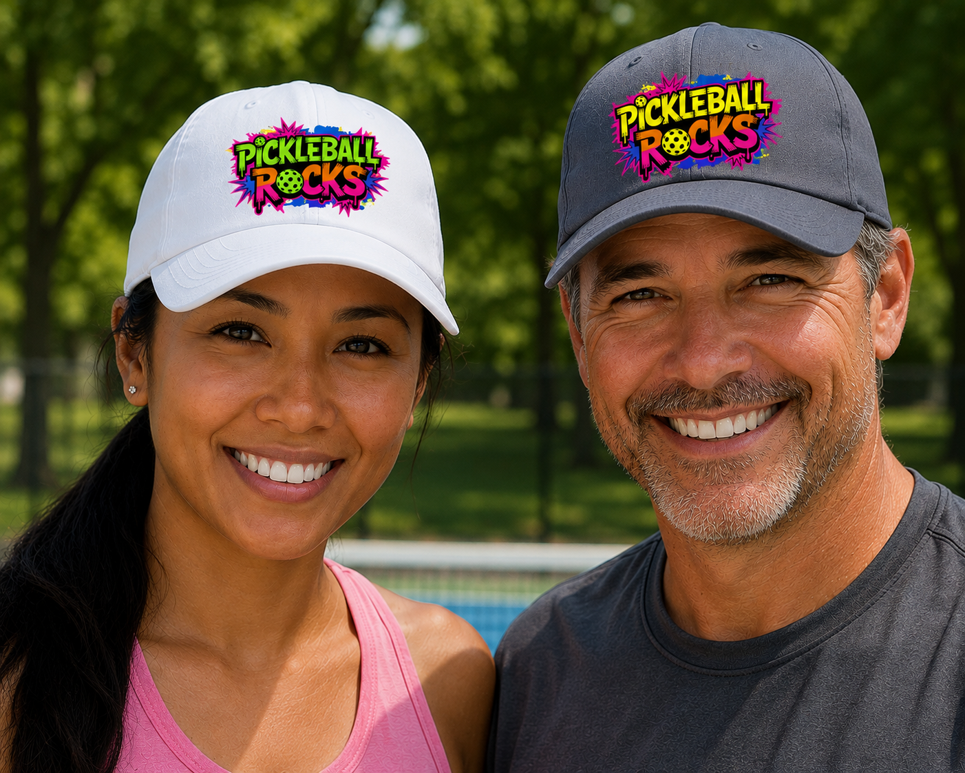 A smiling woman and man standing outdoors in front of a blurred park background, each wearing a colorful 'Pickleball Rocks' baseball cap. The woman wears a white cap and the man wears a dark gray cap.