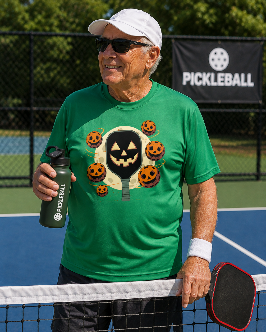 Men's green Halloween pickleball shirt worn by smiling man on outdoor pickleball court, holding water bottle and paddle, featuring jack-o-lantern paddle and pumpkin pickleball graphic