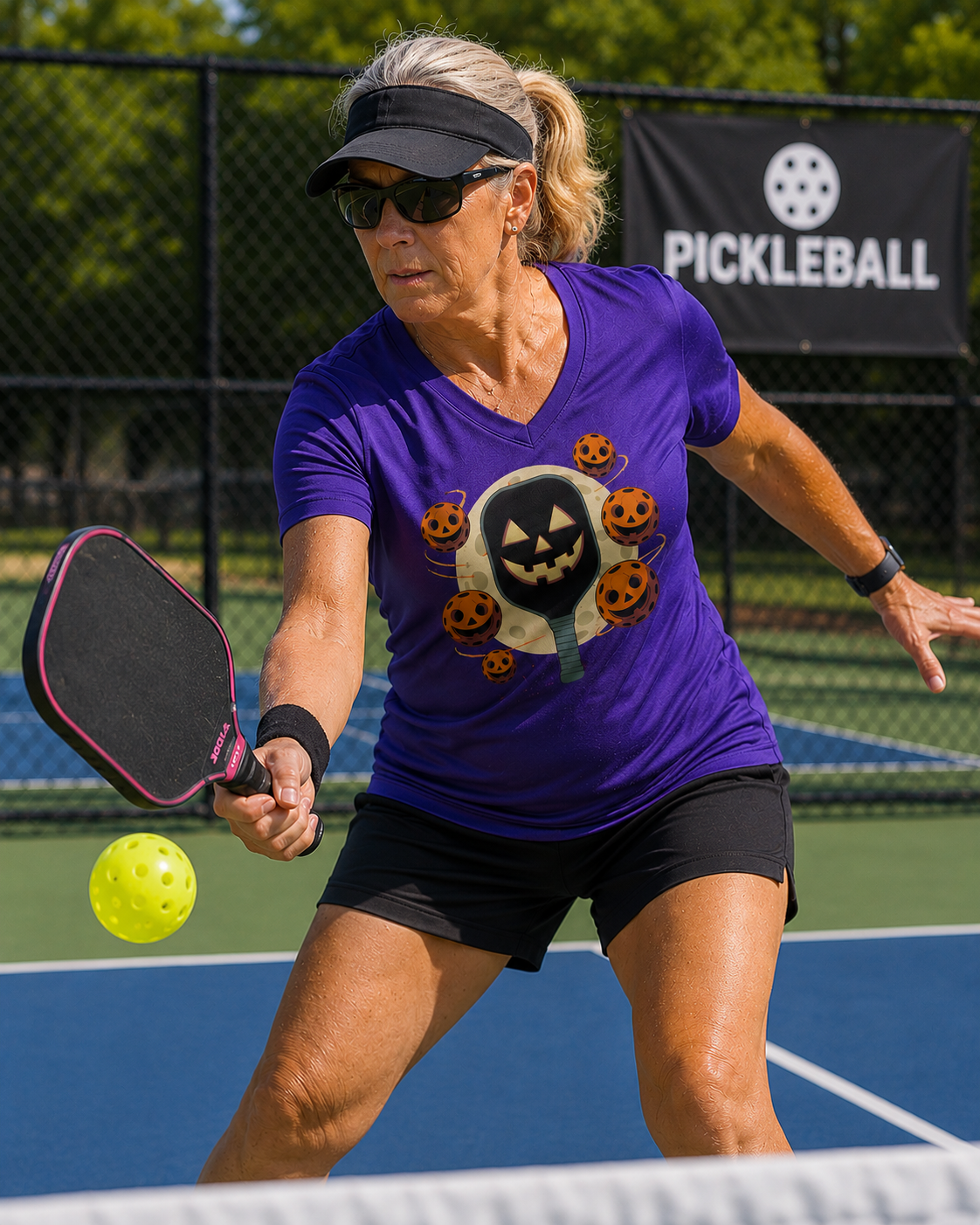Women's purple Halloween pickleball shirt worn by woman mid-swing on outdoor pickleball court, featuring jack-o-lantern paddle and pumpkin pickleball graphic