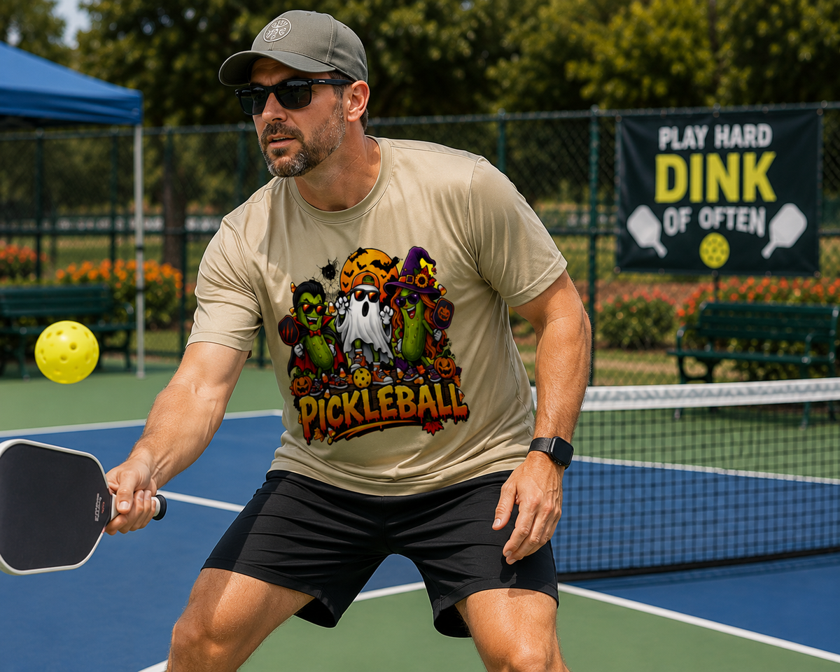 "Man playing pickleball on a blue court wearing a tan Halloween-themed pickleball graphic tee, in an athletic ready stance with a dark paddle, tracking a yellow ball, with a 'Play Hard Dink Often' banner in the background."