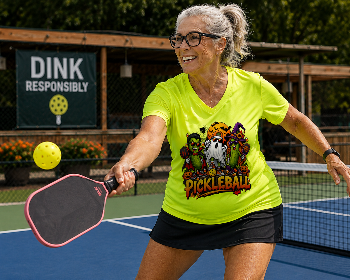 "Woman playing pickleball on a blue court wearing a neon yellow Halloween-themed pickleball graphic tee, mid-swing with a pink paddle reaching for a yellow ball, with a 'Dink Responsibly' banner in the background."