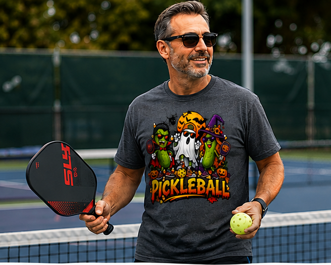 "Man smiling on a pickleball court holding a paddle and ball, wearing the Halloween Pickle Crew spooky graphic tee in dark heather gray"