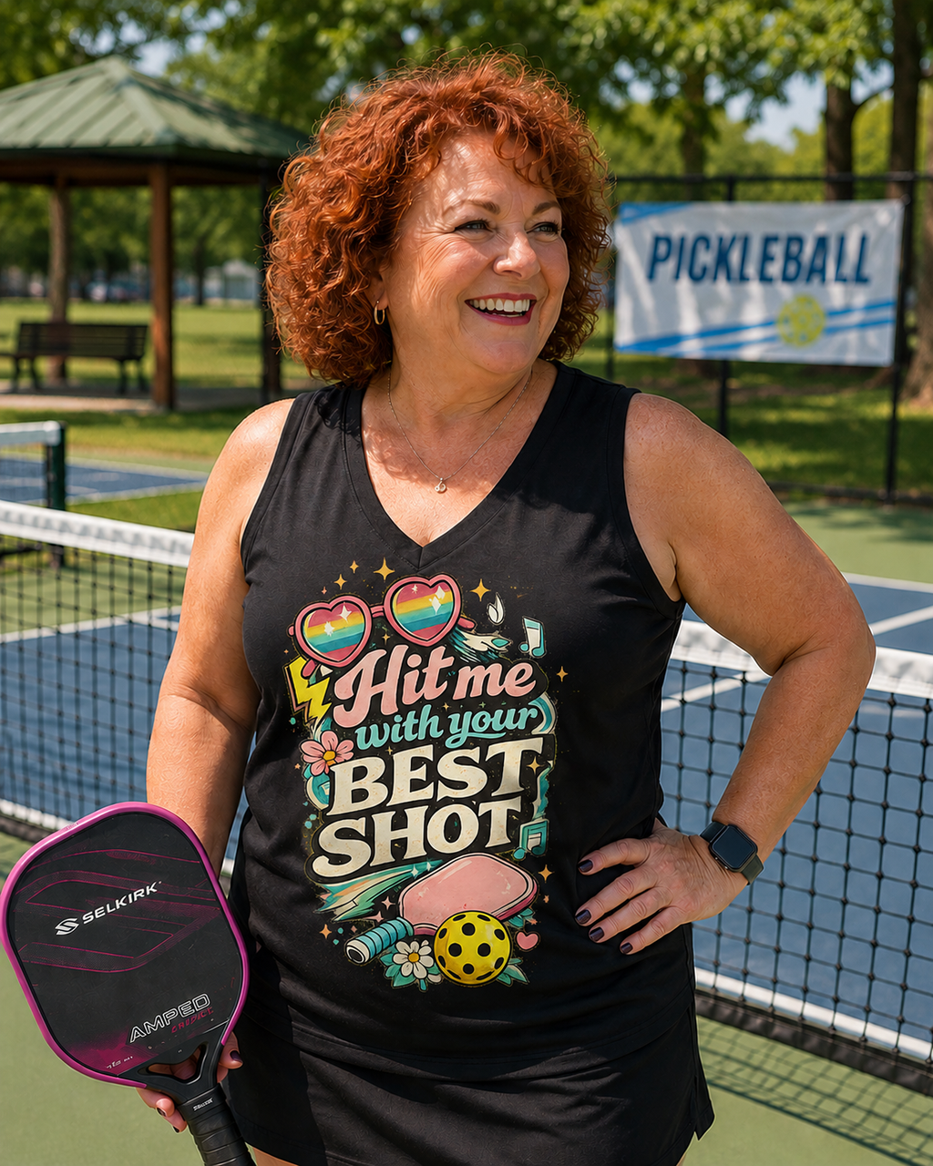 A smiling woman with curly red hair stands on a pickleball court wearing a black tank top with a colorful graphic that reads 'Hit me with your BEST SHOT' and holding a pink and black pickleball paddle.