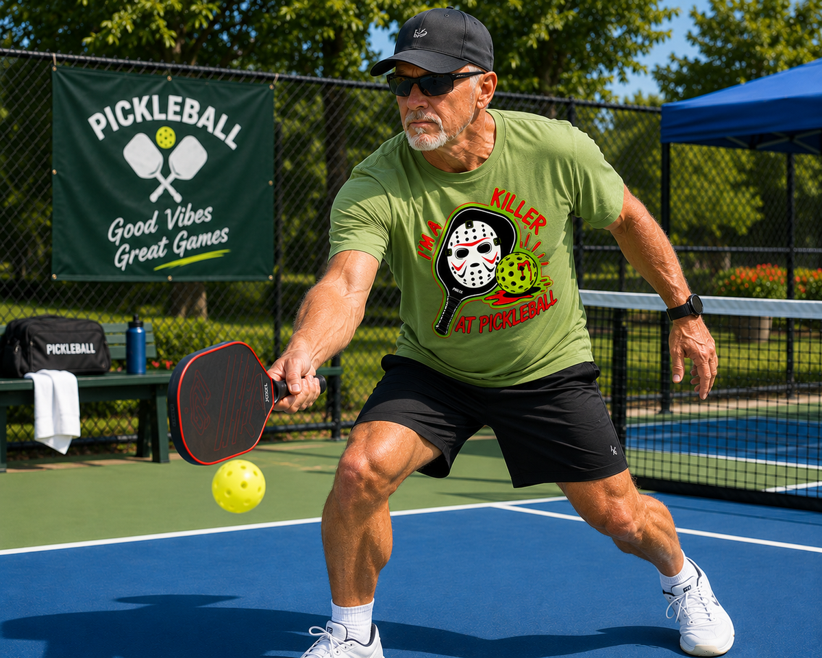 "Man playing pickleball on a blue court wearing an olive green 'I'm a Killer at Pickleball' Halloween graphic tee featuring a hockey mask, lunging low with a red paddle to return a yellow ball, with a 'Pickleball Good Vibes Great Games' banner in the background."