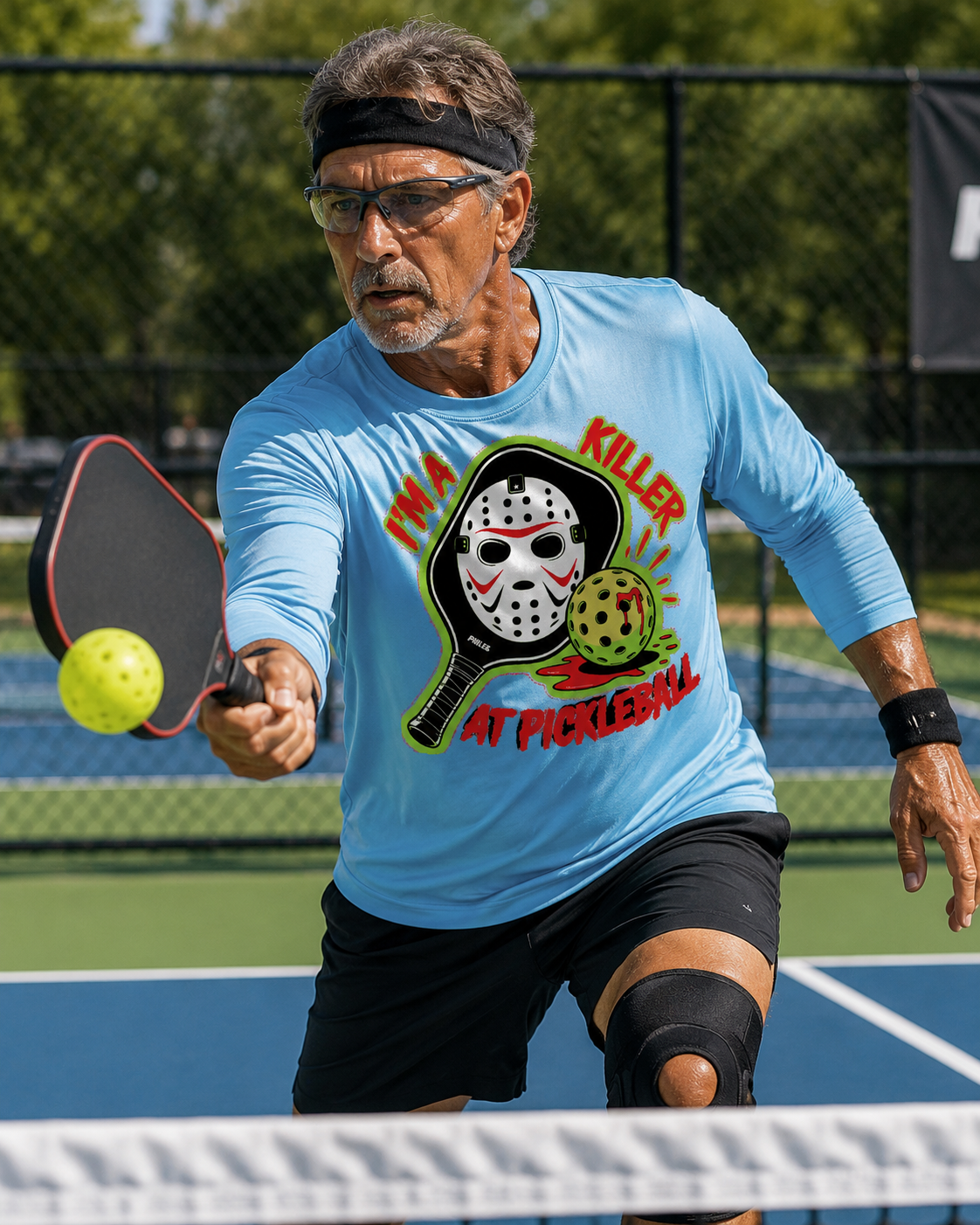A man playing pickleball on an outdoor court, wearing a light blue long-sleeve graphic T-shirt with a horror-themed print of a hockey mask and the text 'I'M A KILLER AT PICKLEBALL.
