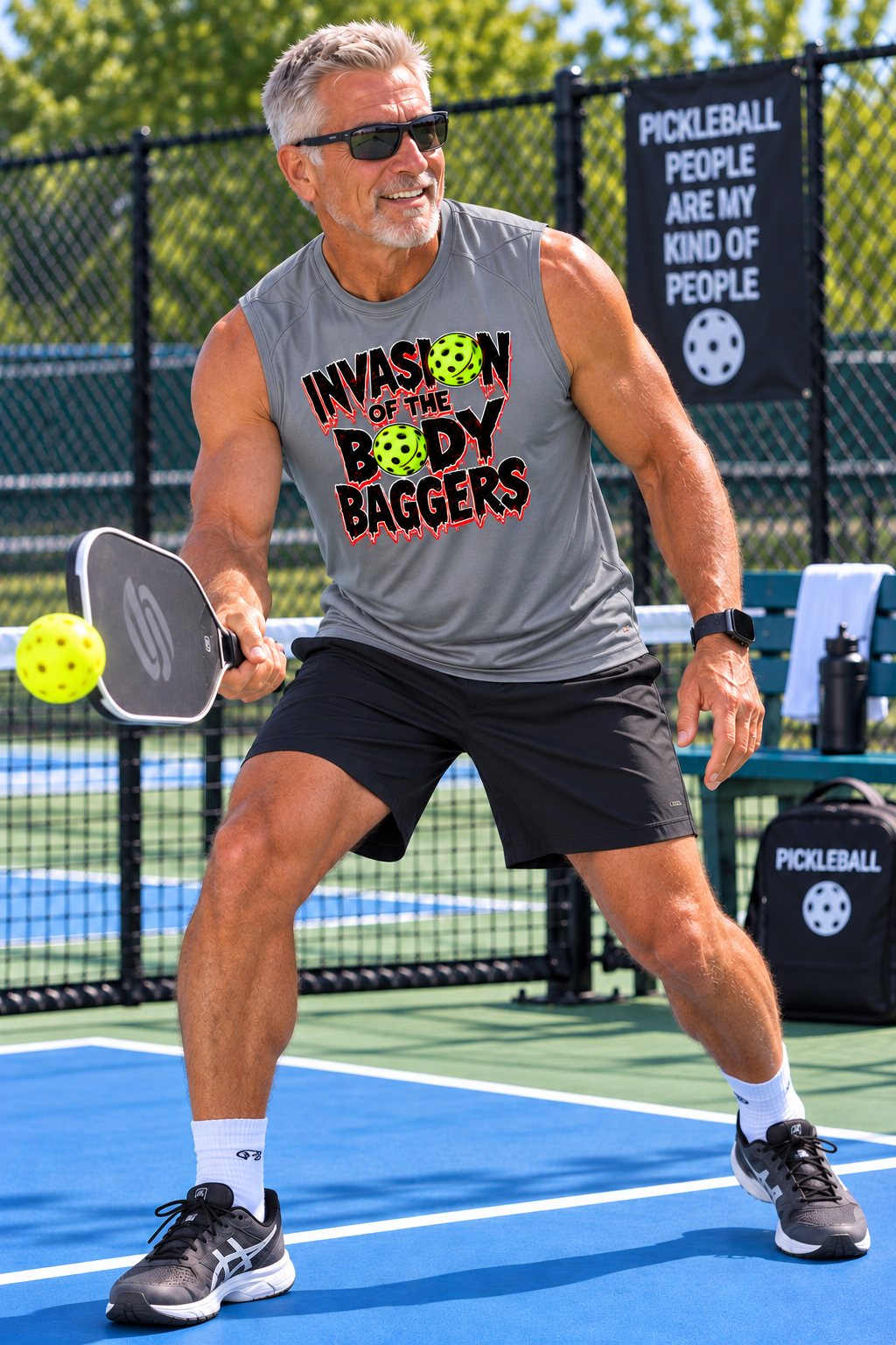 A man playing pickleball on an outdoor court wearing a gray sleeveless t-shirt with 'INVASION OF THE BODY BAGGERS' text and a black pickleball paddle, with a pickleball net and fence in the background.