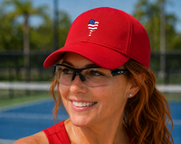 Load image into Gallery viewer, Woman wearing a red cap with a American flag paddle design on a pickleball court.