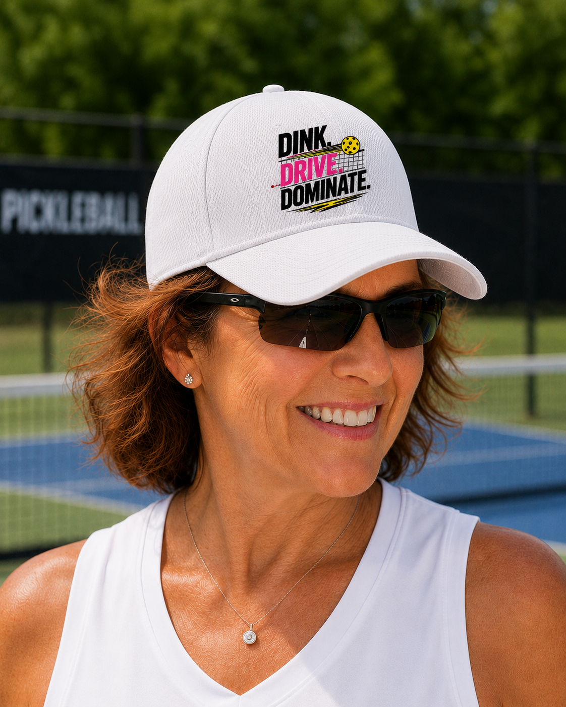 "Woman wearing white Dink Drive Dominate pickleball athletic performance cap on a pickleball court, smiling"