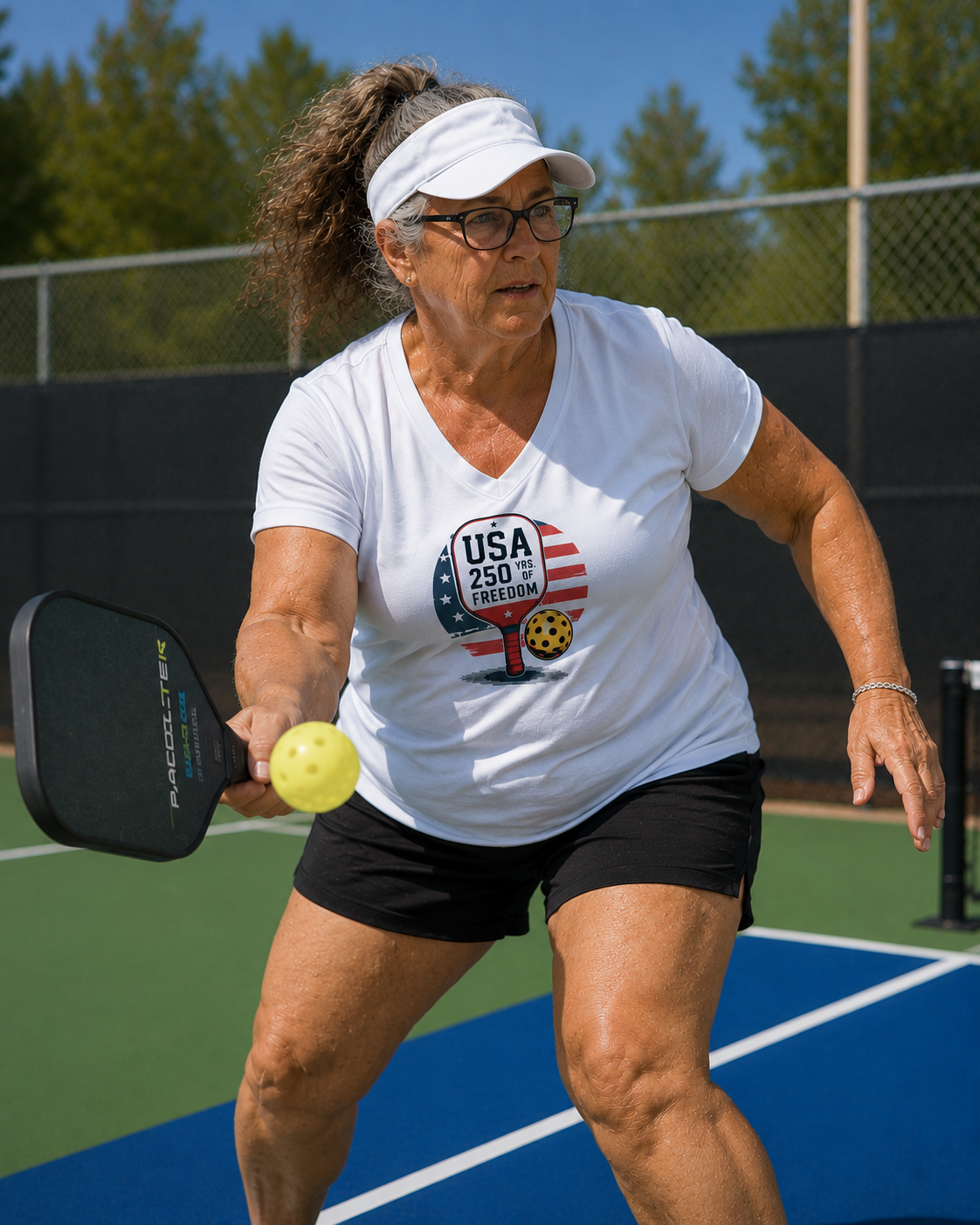 "Woman playing pickleball outdoors wearing a white USA 250 Years of Freedom patriotic v-neck t-shirt, reaching to return a shot on a blue court"