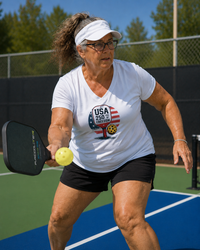 Load image into Gallery viewer, "Woman playing pickleball outdoors wearing a white USA 250 Years of Freedom patriotic v-neck t-shirt, reaching to return a shot on a blue court"
