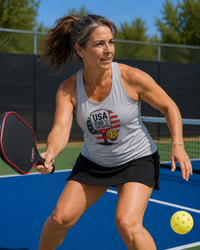 Load image into Gallery viewer, "Woman playing pickleball outdoors wearing a white USA 250 Years of Freedom patriotic tank top, lunging for a shot on a blue court"