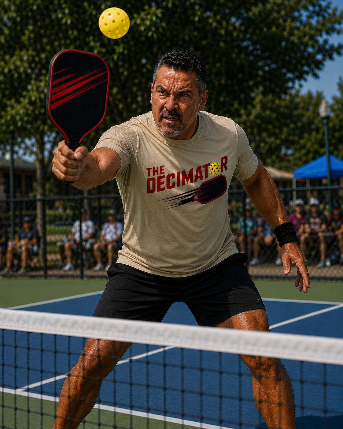 Man playing pickleball on an outdoor court wearing The Decimator moisture-wicking graphic tee, reaching forward with a red paddle as a yellow ball flies overhead
