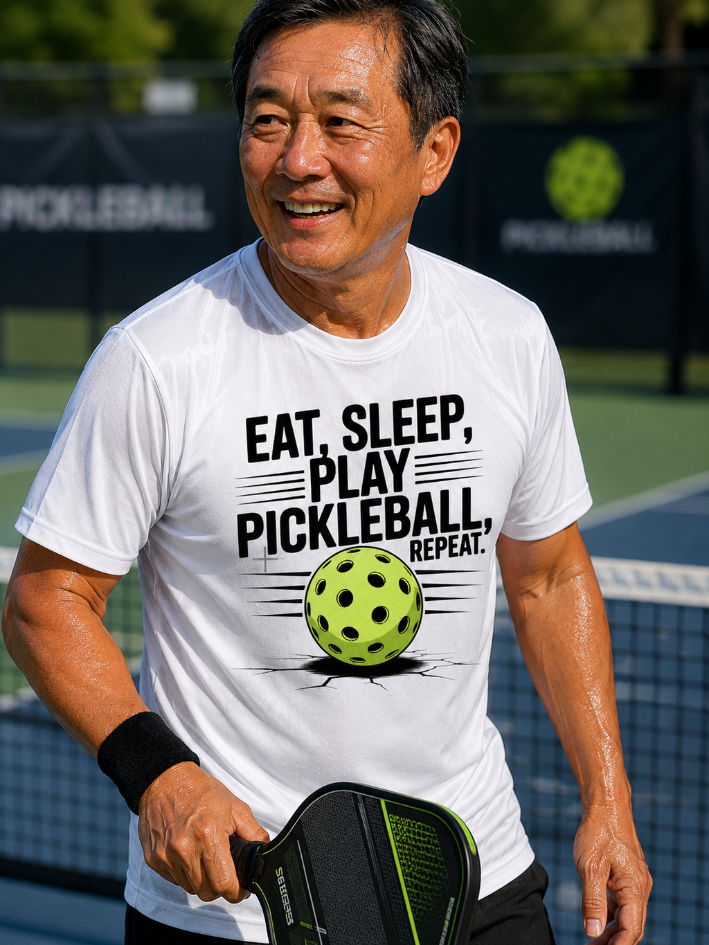 Man smiling on a pickleball court holding a paddle, wearing the Eat, Sleep, Play Pickleball, Repeat moisture-wicking graphic tee in White