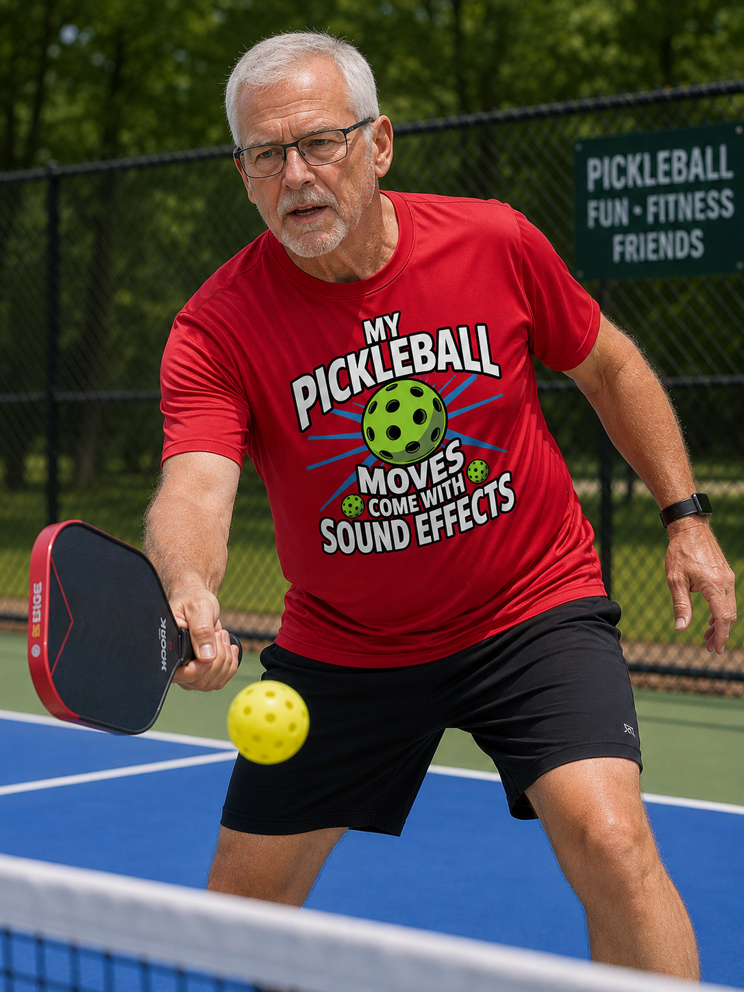 "Man wearing a funny moisture-wicking pickleball graphic tee that reads "My Pickleball Moves Come With Sound Effects" — lifestyle mockup"
