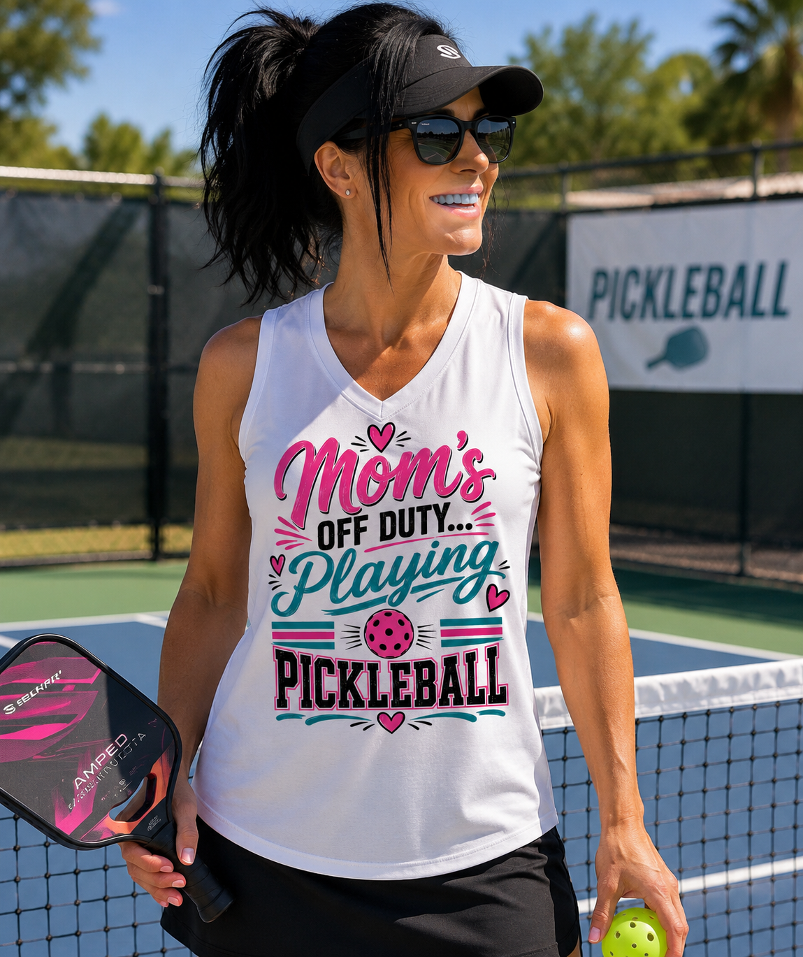 "Woman wearing white sleeveless moisture-wicking pickleball shirt with 'Mom's Off Duty... Playing Pickleball' graphic in pink, teal, and black, holding a paddle on an outdoor pickleball court"