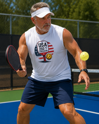 Load image into Gallery viewer, "Man playing pickleball outdoors wearing a white USA 250 Years of Freedom patriotic muscle shirt, holding a paddle mid-rally on a blue court"