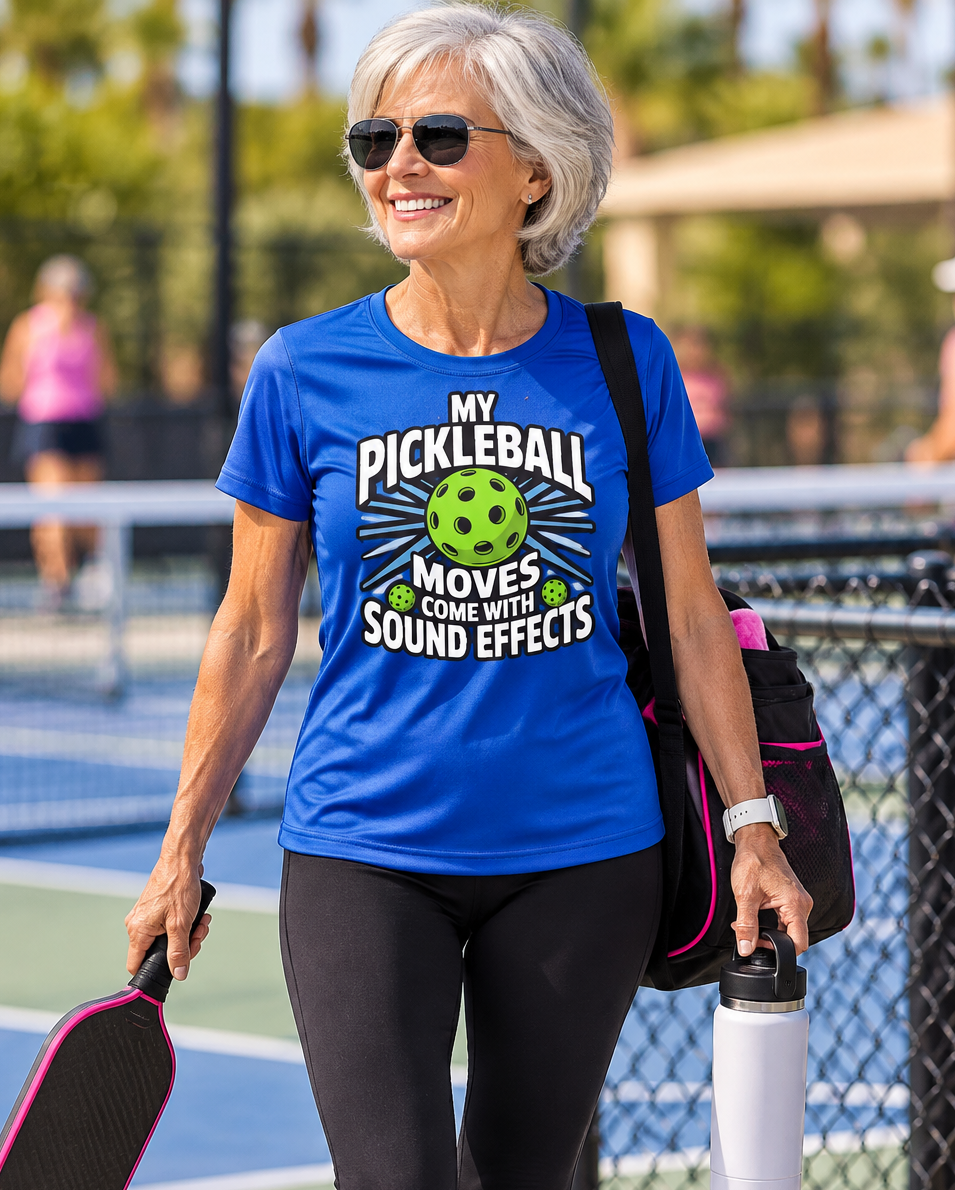 Woman on a pickleball court wearing a blue “My Pickleball Moves Come With Sound Effects” shirt, holding a paddle and water bottle.