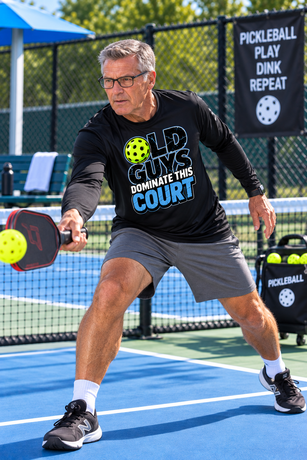 Older man playing pickleball on an outdoor court while wearing a black long-sleeve “Old Guys Dominate This Court” shirt.⠋