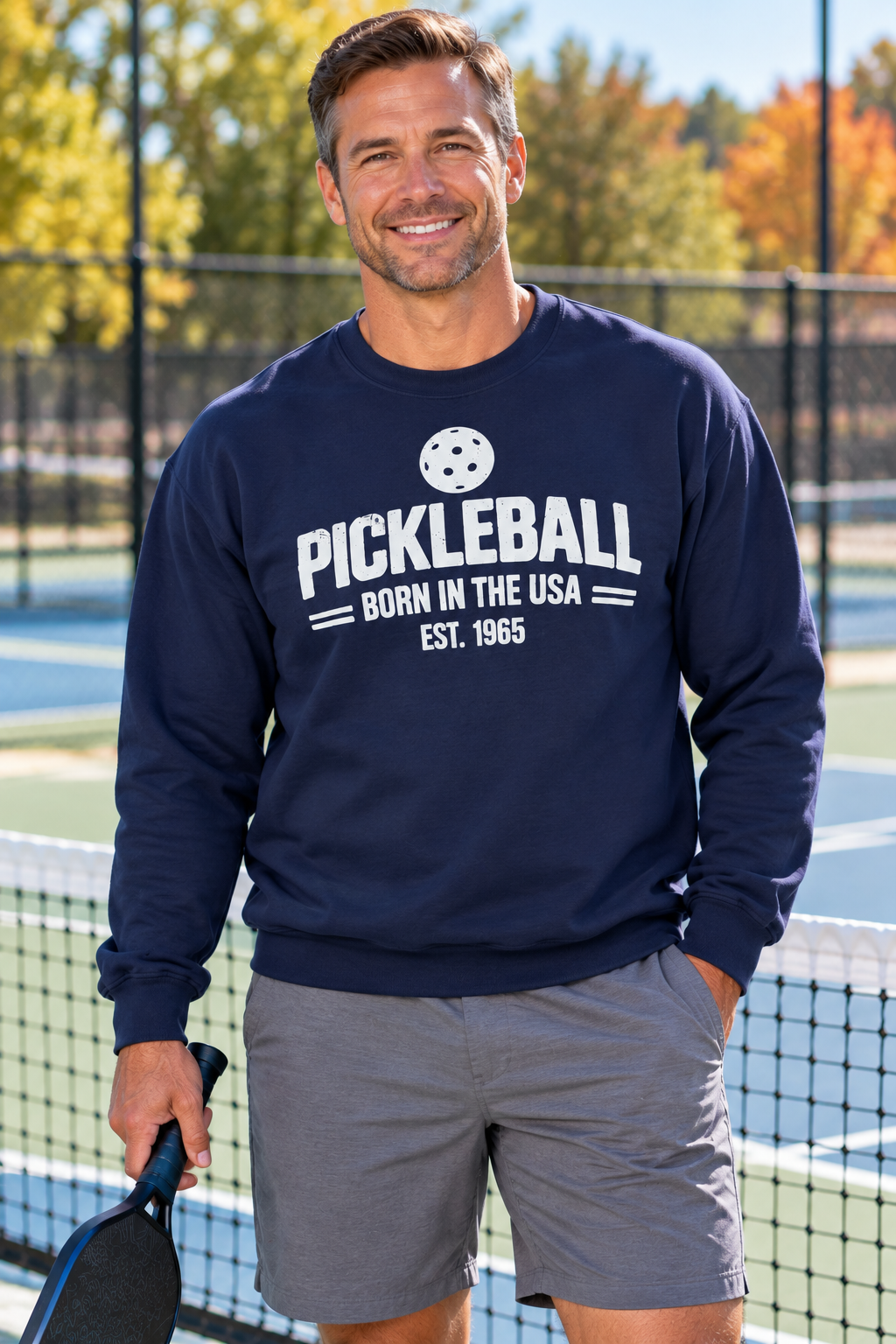 Man wearing a navy sweatshirt with a white “Pickleball Born in the USA Est. 1965” design, holding a paddle on an outdoor pickleball court.