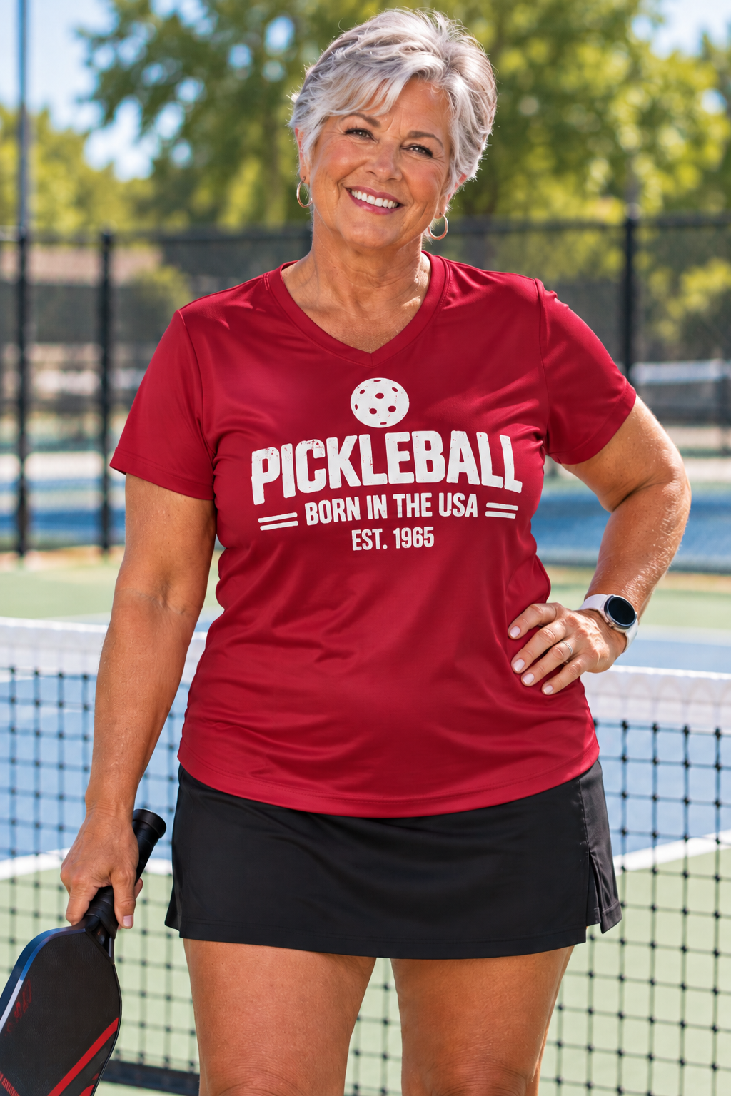 Woman on a pickleball court holding a paddle and wearing a red V-neck shirt with white “Pickleball Born in the USA Est. 1965” graphic.⠋