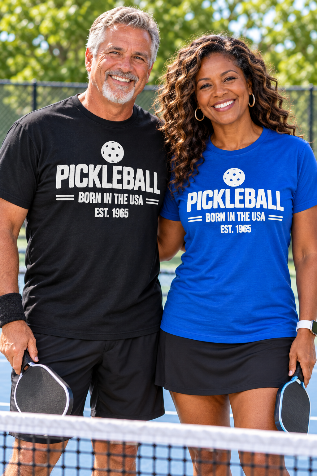 Man and woman holding paddles on a pickleball court, wearing black and blue T-shirts with white “Pickleball Born in the USA Est. 1965” graphics.