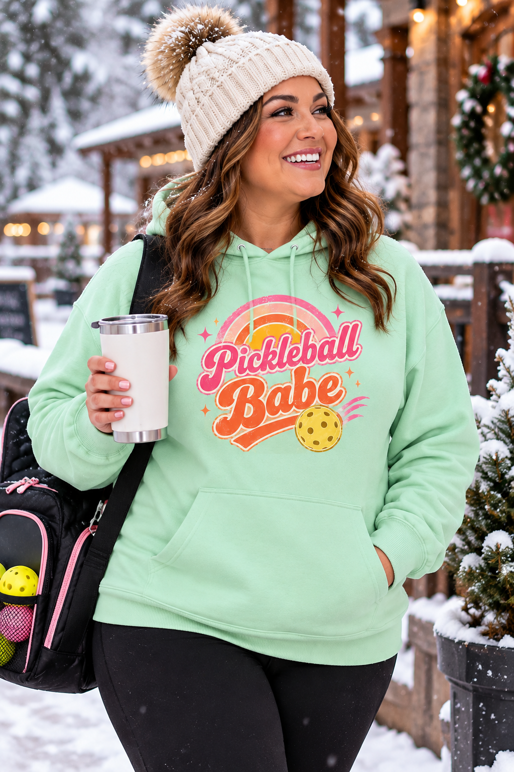 Woman wearing a mint green “Pickleball Babe” hoodie with a retro rainbow and pickleball graphic, holding a tumbler and carrying a pickleball bag in a snowy setting.