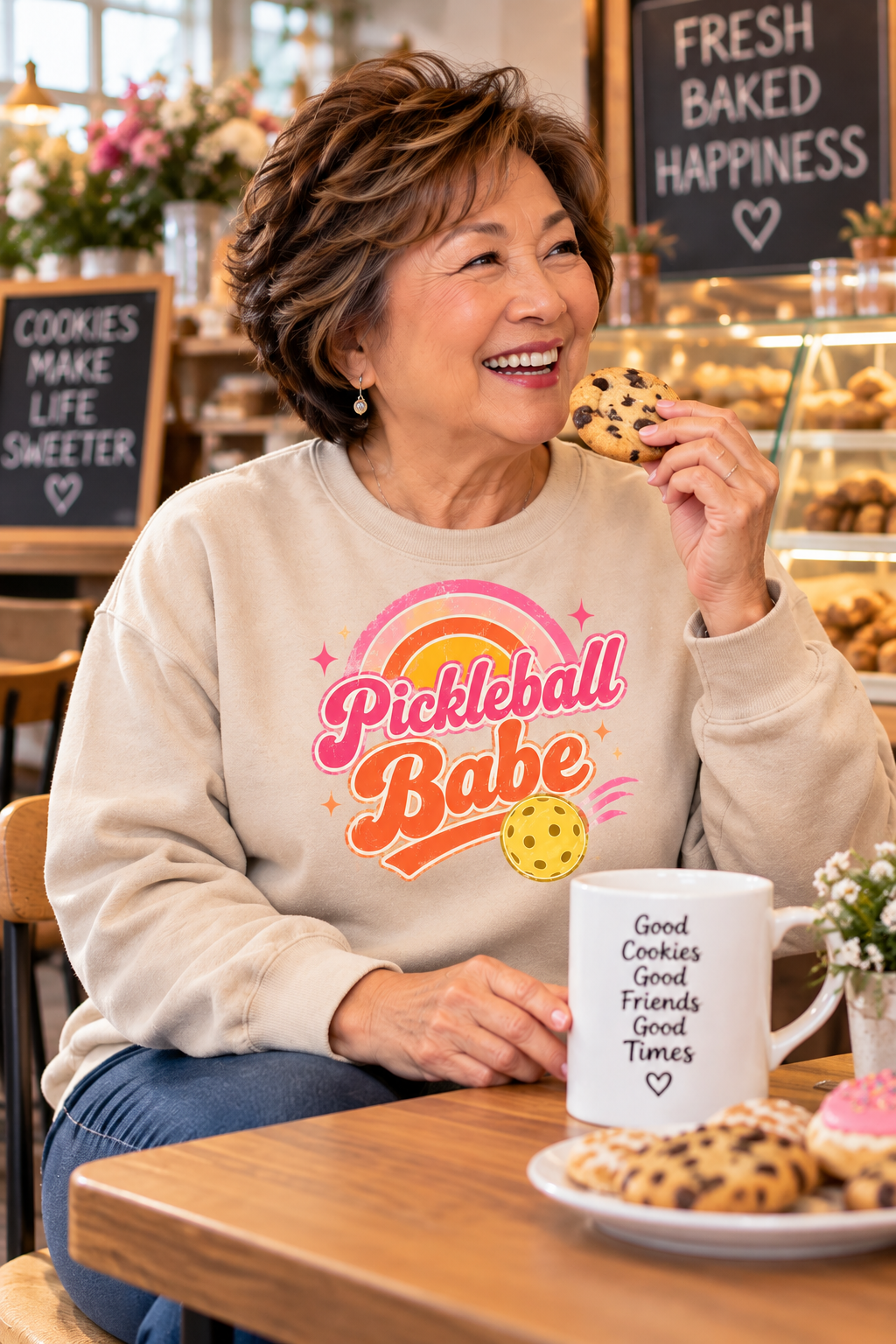 Smiling woman wearing a cream sweatshirt with a retro pink and orange “Pickleball Babe” design, holding a chocolate chip cookie at a bakery café.