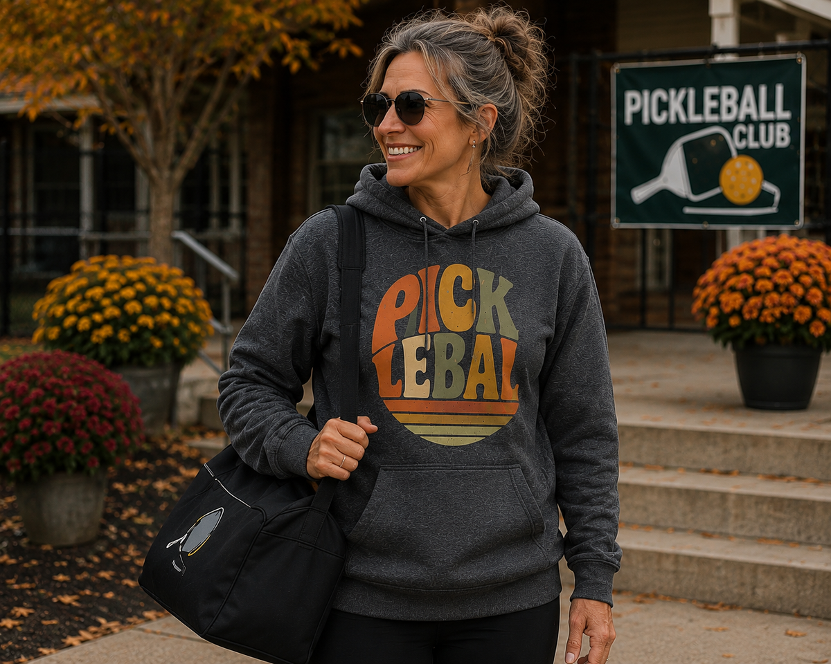 Here's the alt text for this image:

"Woman smiling and wearing a charcoal retro 'Pickleball' graphic hoodie and sunglasses while carrying a paddle bag outside a Pickleball Club with autumn mums and foliage in the background"