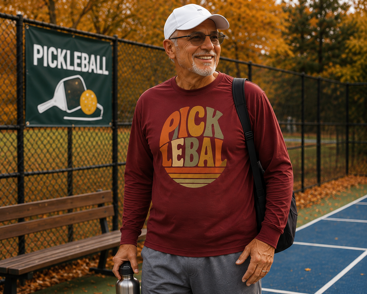 "Man smiling and wearing a maroon retro 'Pickleball' graphic long sleeve tee, white cap, and glasses while carrying a bag and water bottle courtside with autumn foliage and a pickleball banner in the background"