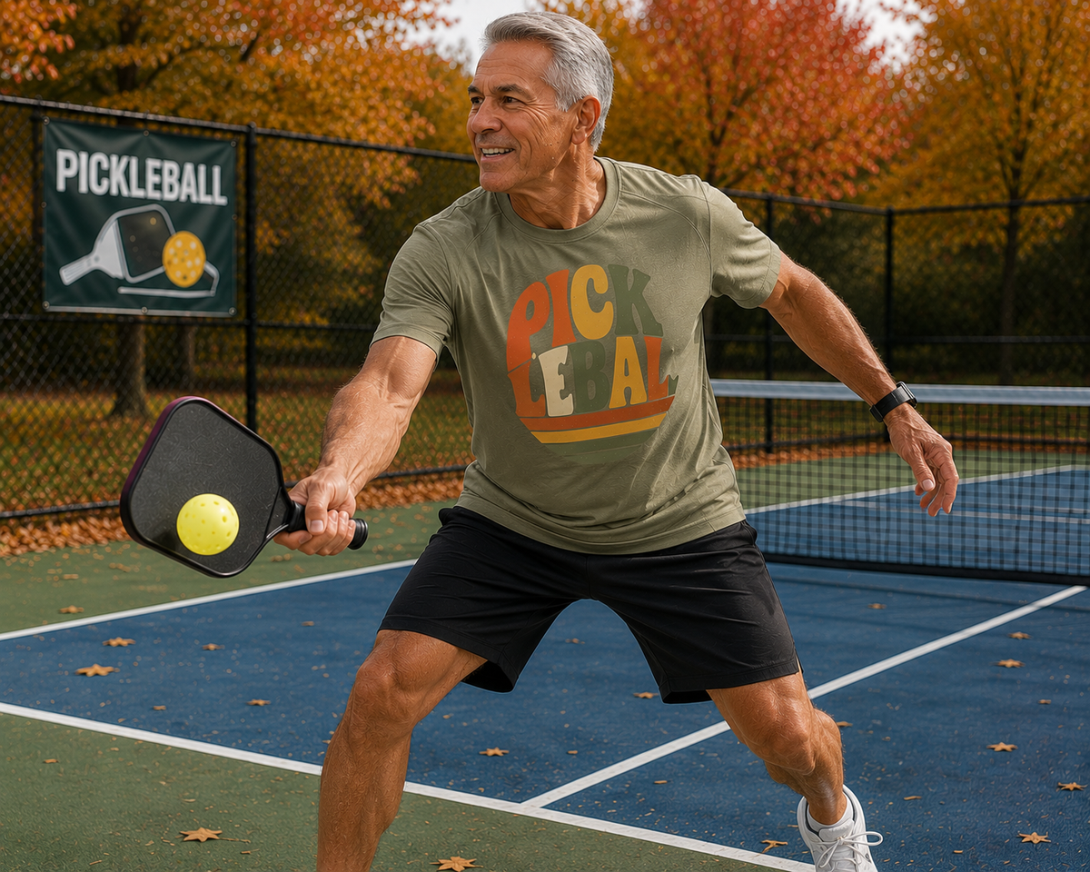 "Man smiling and wearing an olive retro 'Pickleball' graphic moisture-wicking tee while lunging to return a shot on an outdoor pickleball court with a pickleball banner and colorful autumn foliage in the background"