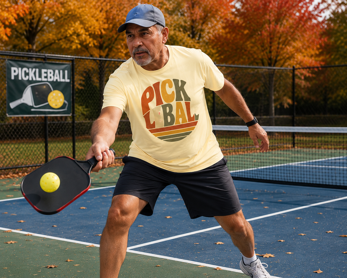 "Man wearing a yellow retro 'Pickleball' graphic tee and blue cap while stretching to return a shot on an outdoor pickleball court with a pickleball banner and vibrant autumn foliage in the background"