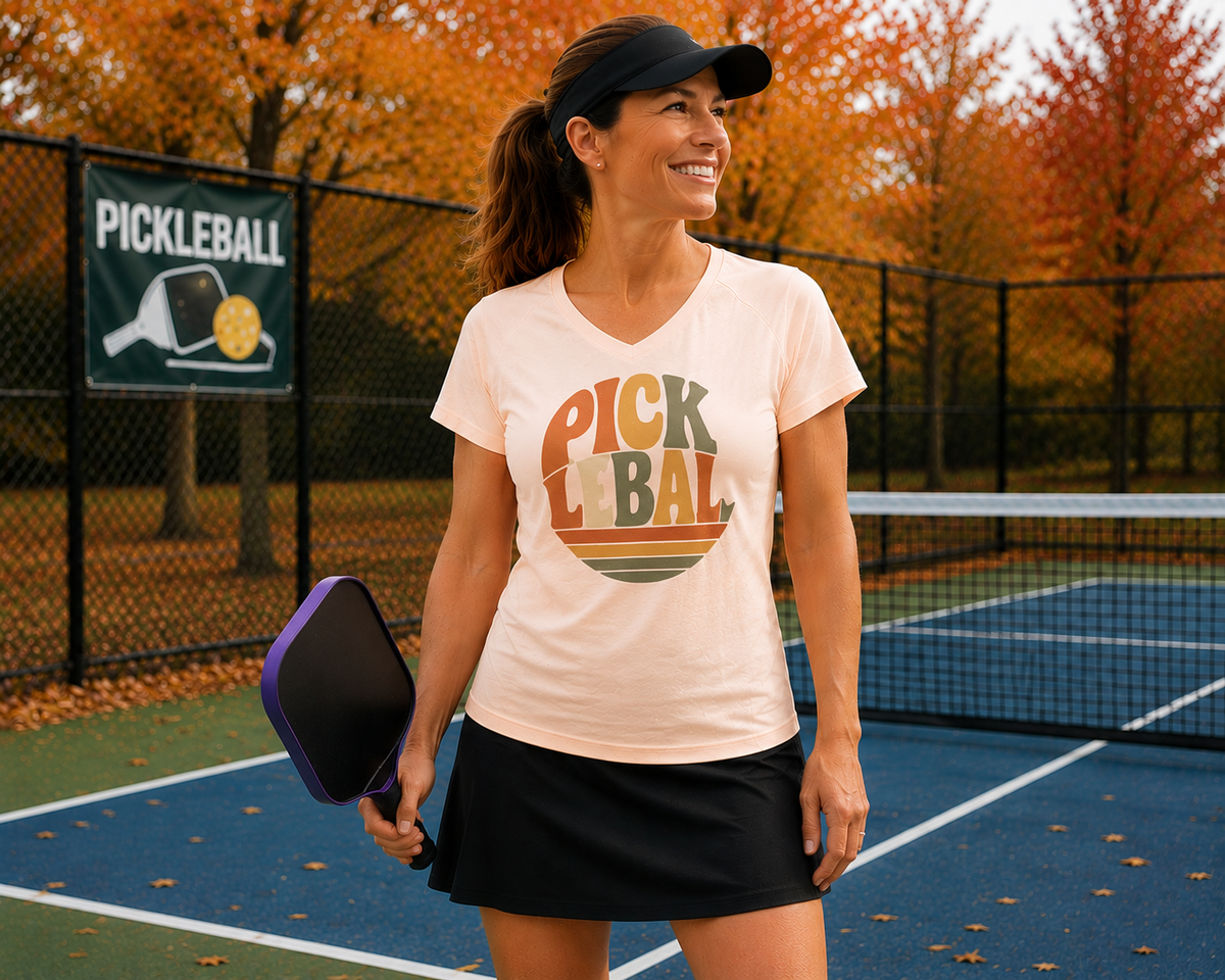 Here's the alt text for this image:

"Woman smiling and wearing a blush retro 'Pickleball' graphic v-neck moisture-wicking tee, black visor, and skort while holding a paddle courtside with vibrant autumn foliage in the background"