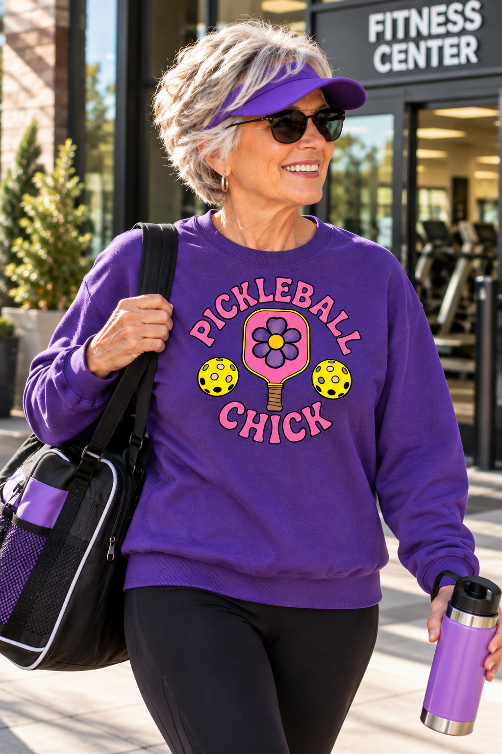 Woman wearing a purple “Pickleball Chick” sweatshirt with a retro floral paddle and pickleball design, carrying a gym bag outside a fitness center.